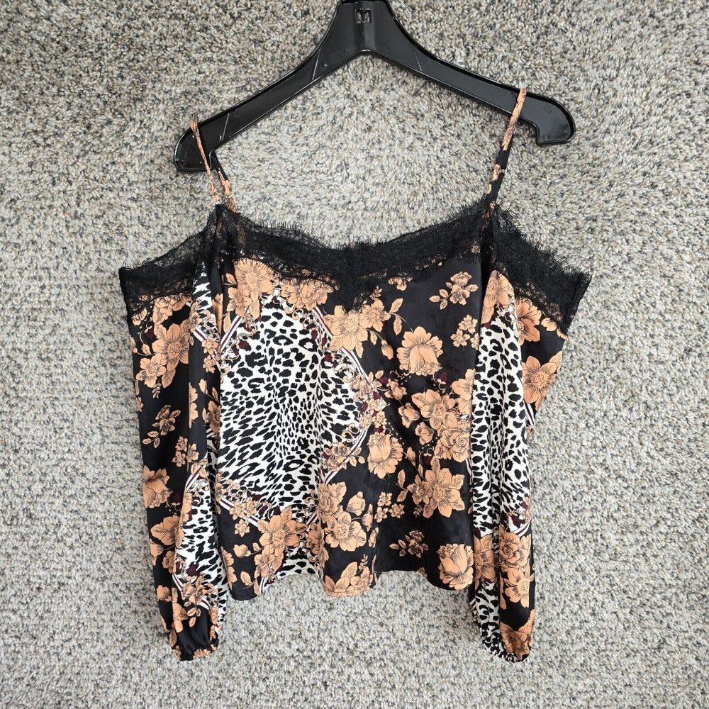 Guess Top Womens Small Black Floral Print Blouse Cold Shoulder Lace Trim Ladies